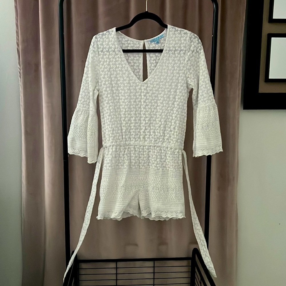 Antonio Melani, White Lace Long Sleeve Belted romper, off white, small, new